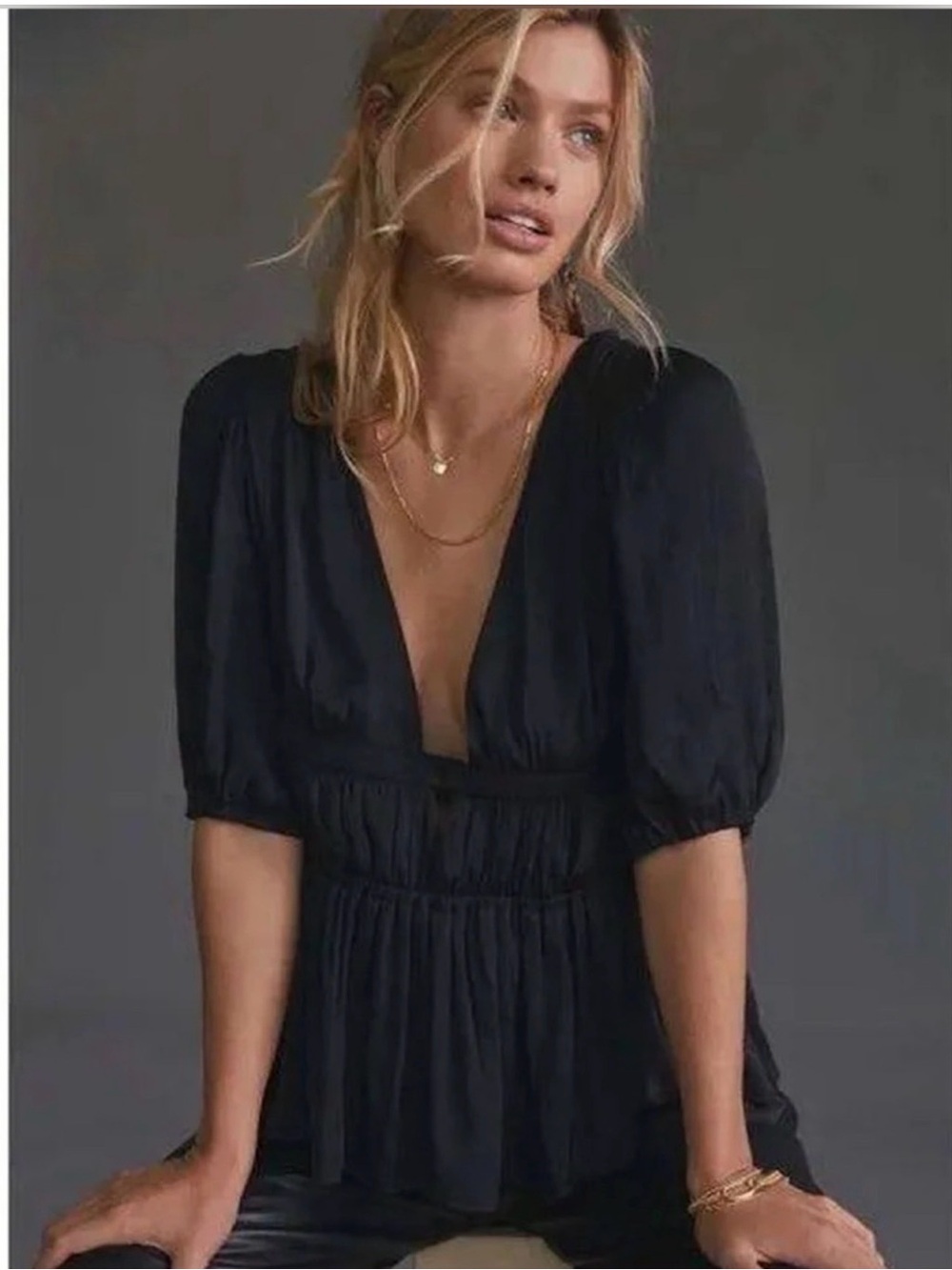 Anthropologie Dolan Left Coast Smocked V-Neck Puff Sleeve Tie Back Black Small